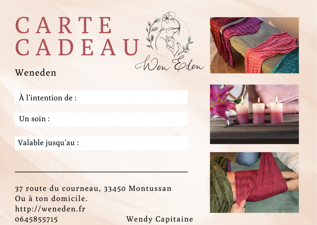 Carte cadeau, soin, grossesse, prendre soin de soi, détente, massage, soin rebozo, atelier portage